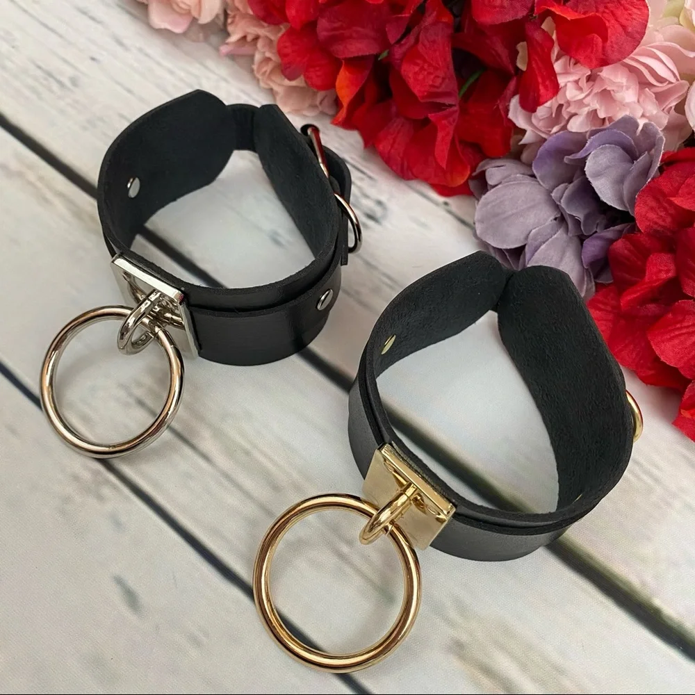 Punk Gothic Black Vegan Leather Metal Ring Bracelet - Picture 6 of 16